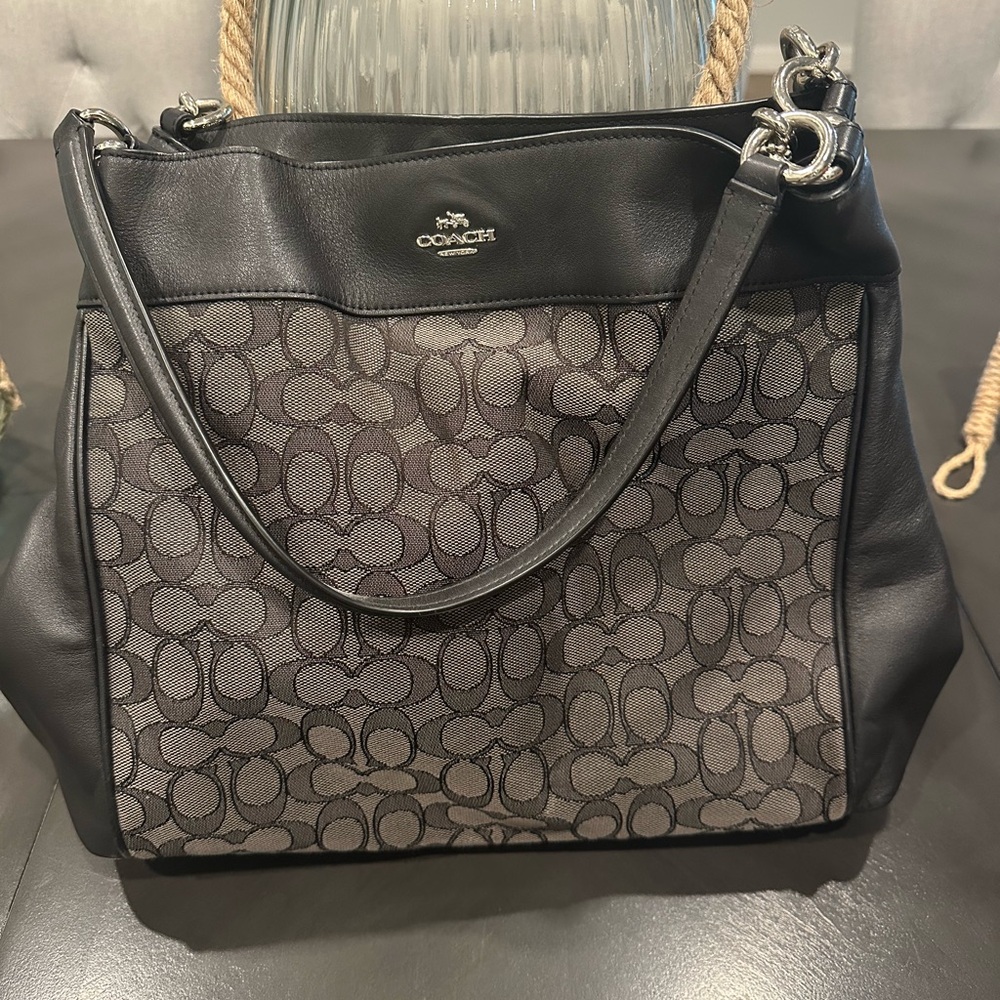 Coach Black and Gray Shoulder Bag with Signature Monogram